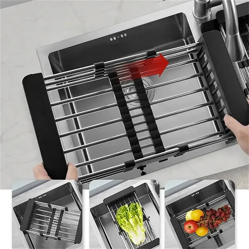 Adjustable Kitchen Stainless Steel Sink Rack Telescopic Sink Dish Rack Sink Holder Organizer Fruit Vegetable Washing Drainer