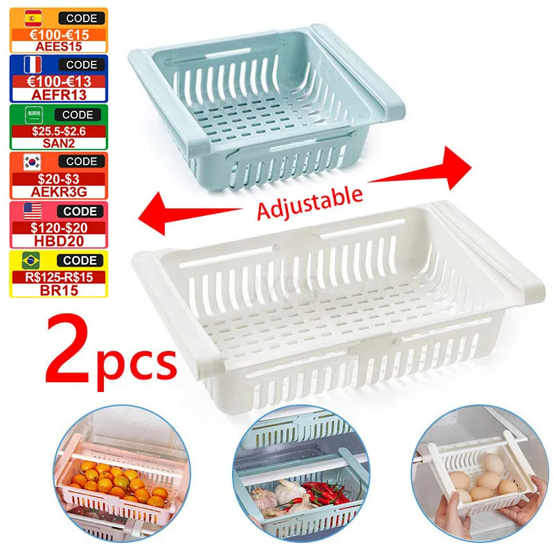 1-2Pcs Kitchen Organizer Fridge Storage Drawer Box Extendable Refrigerator Chest Shelf Home Storage Case Plastic Cabinet Shelves