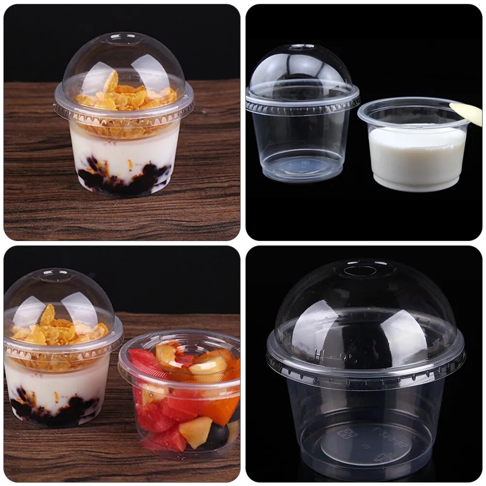 20pcs 250ml Disposable Salad Cup Transparent Plastic Dessert Bowl Container with Lid for Bar Cafe Home (Dome Hole)