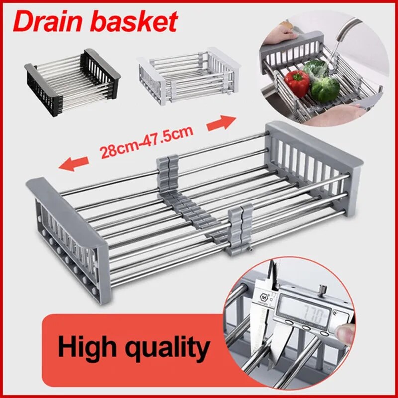 Adjustable Kitchen Stainless Steel Sink Rack Telescopic Sink Dish Rack Sink Holder Organizer Fruit Vegetable Washing Drainer