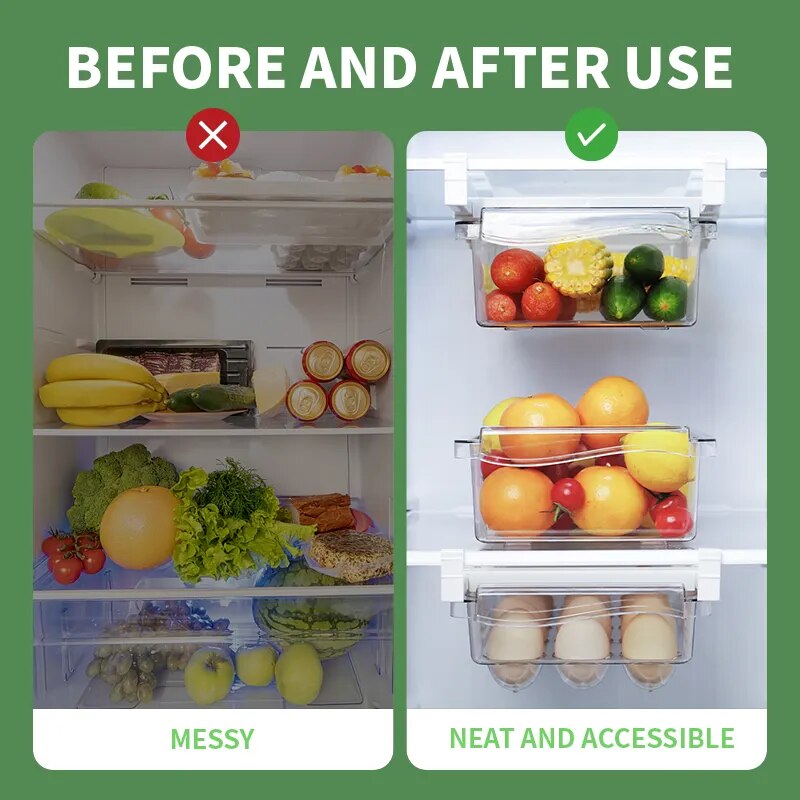 Kitchen Fruit Food Storage Box Plastic Clear Fridge Organizer Slide Under Shelf Drawer Box Rack Holder Refrigerator Drawer New