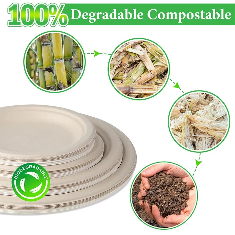 Smachin 50pcs 6/7/9/10 Inch Party Tableware Disposable Plates Compostable Eco-Friendly Degradable Dinnerware for Kitchen Picnic